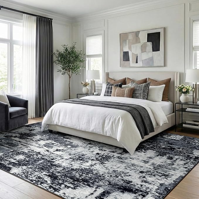 Washable Area Rugs 9'x12' Non-Slip Modern Abstract Soft for Living Room Entryway Bedroom Nursery, Print Pattern, Black Navy Blue Gray