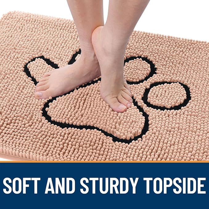 OLANLY Dog Door Mat for Muddy Paws 36x24, Paw Print Design, Absorbs Moisture and Dirt, Absorbent Non-Slip Washable Doormat, Quick Dry Chenille Mud Mat for Dogs, Entry Indoor Entryway Carpet, Peach