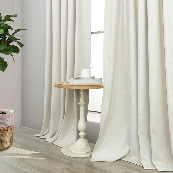 Total Blackout Curtains 96 Inches Long for Bedroom 2 Panel Cute Black Out Curtains for Living Room Light Blocking Thermal Noise Reduction Linen Textured Rustic Country 8ft Back Tab Pleated Cream Ivory