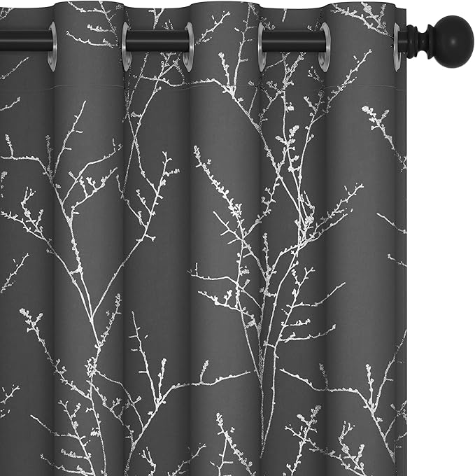 Deconovo Grey Blackout Curtains, Thermal Insulated Soundproof Drapes, Silver Branch Foil Print, 52 x 84 Inch, 2 Panels, Machine‑Washable Privacy Window Panel for Living Room Bedroom Nursery Office
