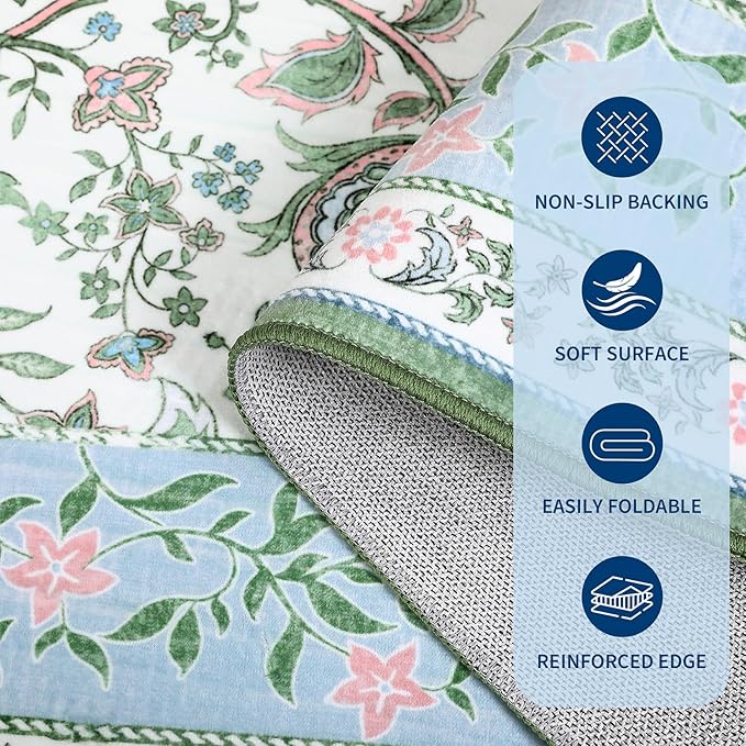 GarveeHome Blue Green Pink 8x10 Area Rugs for Living Room, Botanical Grove Cottagecore Washable Rug for Bedroom Dining Nursery Low-Pile Vintage Large Carpet