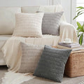 Fancy Homi Set of 4 Grey and White Decorative Throw Pillow Covers 14x14 Inch for Couch Bed Chair, Modern Farmhouse Boho Room Decor, Soft Fuzzy Double Sided Corduroy Textured Striped Cushion Case 35cm