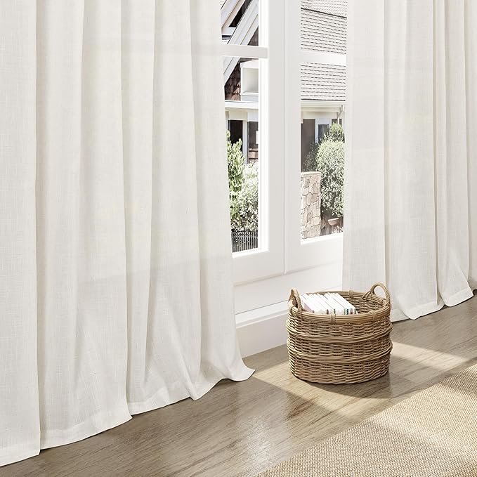 Beige White Linen Curtains 72 Inch Length for Living Room Lightweight Door Drapes 2 Panels Set for Kids Bedroom Sheer Light Filtering Back Tab Rod Pocket Curtain for Kitchen Protect Privacy 52x72