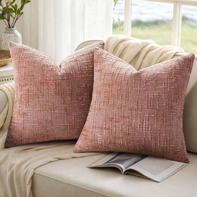 decorUhome Summer Pink Chenille Euro Sham Throw Pillow Covers 24x24 Set of 2 Textured Soft Cozy Slubby Couch Pillow Covers Modern Farmhouse Boho Decorative Pillow Cases for Bed Sofa Living Room