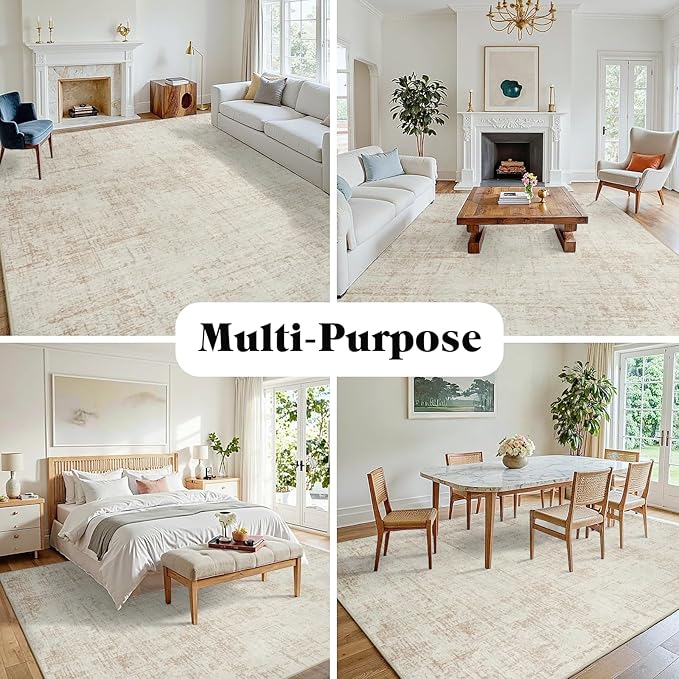 9x12 Area Rugs for Living Room Washable Rug: Anti-Skid Abstract Modern Living Room Rug Soft Thin Carpets Indoor Floor Non-Shedding Carpet for Bedroom Dining Farmhouse Nursery Home Office Beige White