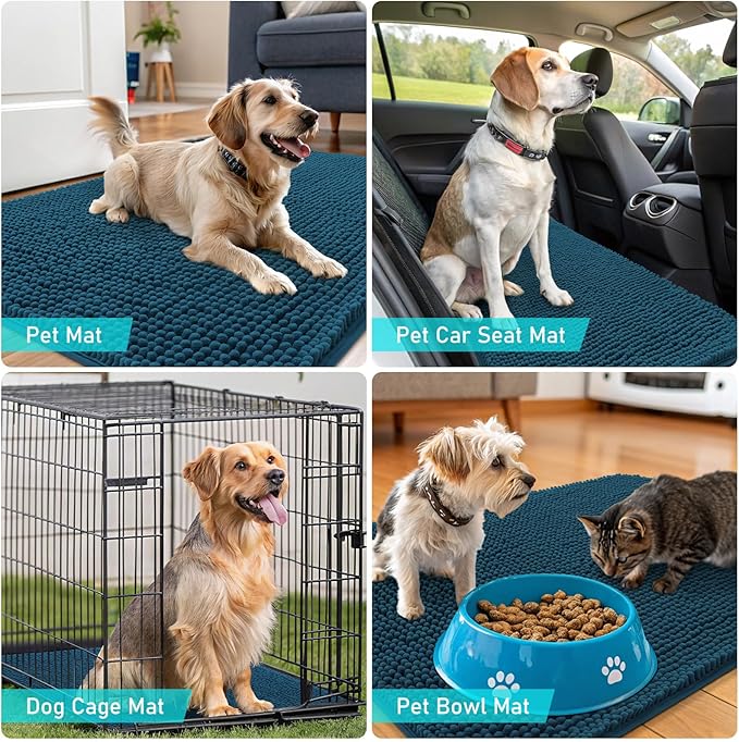 OLANLY Dog Door Mat for Muddy Paws 44x24, Absorbs Moisture and Dirt, Absorbent Non-Slip Washable Doormat, Quick Dry Chenille Mud Mat, Entry Indoor Entryway Carpet for Inside Floor, Atlantic Blue