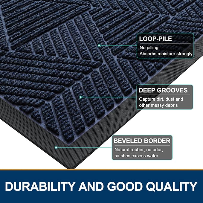 Smiry Front Door Mat Outside Entrance, Heavy Duty Sturdy Natural Rubber Doormat, Trap Dirt and Moisture, Easy Clean Low Profile Welcome Floor Mats for Indoor Outdoor Entry, 47x23 Inch, Navy Blue