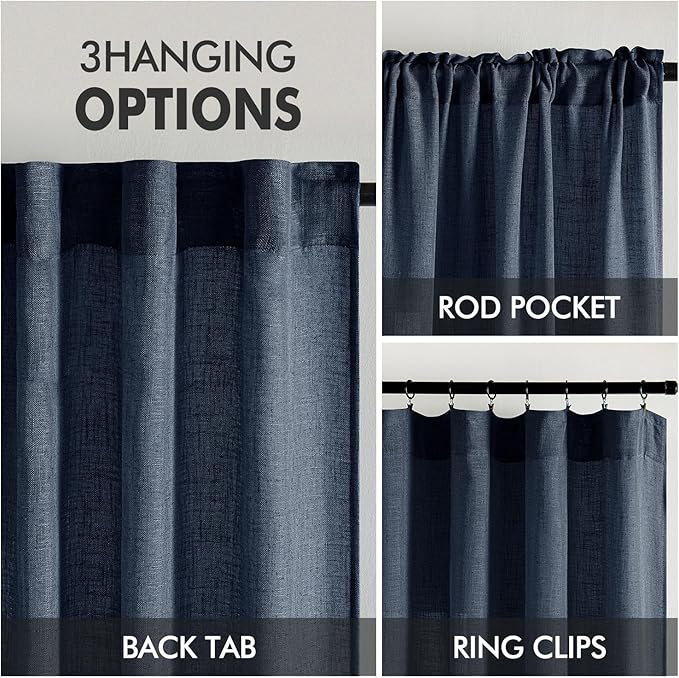 MIULEE Navy Blue Linen Curtains 96 Inch Length 2 Panels for Bedroom Living Room, Soft Thick Linen Textured Natural Window Drapes Semi Sheer Light Filtering Back Tab Rod Pocket Burlap Look Decor