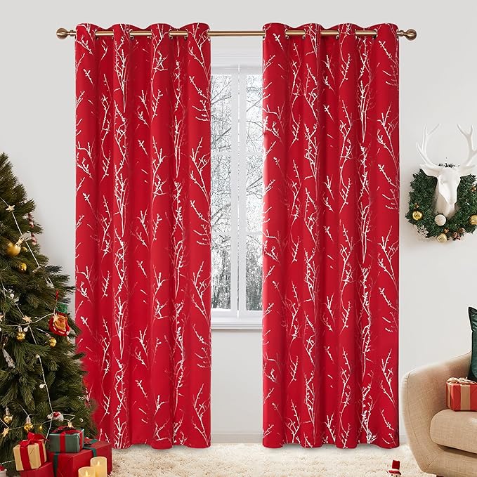 Deconovo Christmas Red Curtains, Blackout Drape, Soundproof Curtain, Silver Print, 52 x 108 Inch Long, 2 Panels, Machine Washable Window Panel for Living Room Bedroom Festival Party Decoration Kitchen