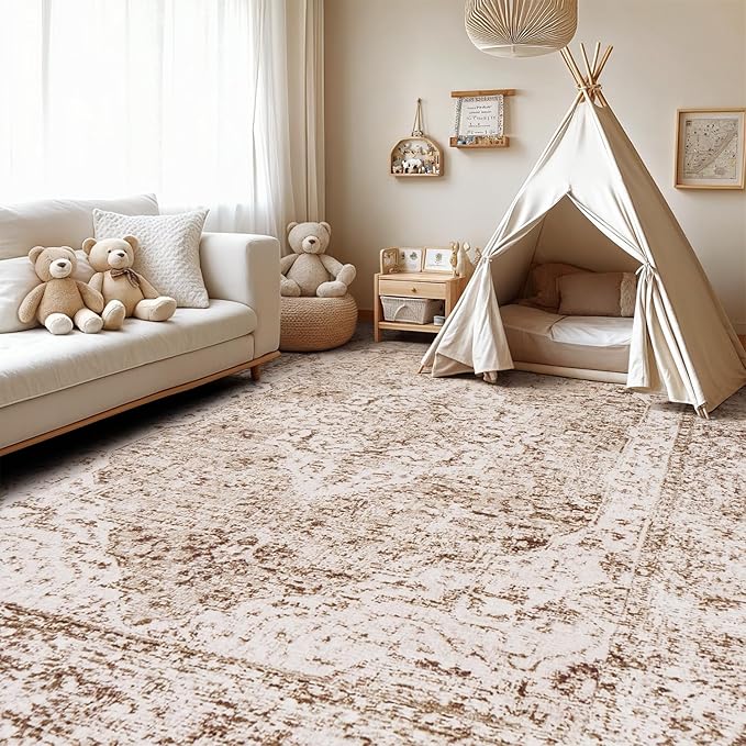 Lofus 5x8 Area Rugs for Living Room, Washable Area Rug, Rugs for Bedroom, Kitchen, Vintage Boho Carpet, Soft Non-Slip, Low Pile Large Area Rug for Office Dining Room, Vintage Beige Brown
