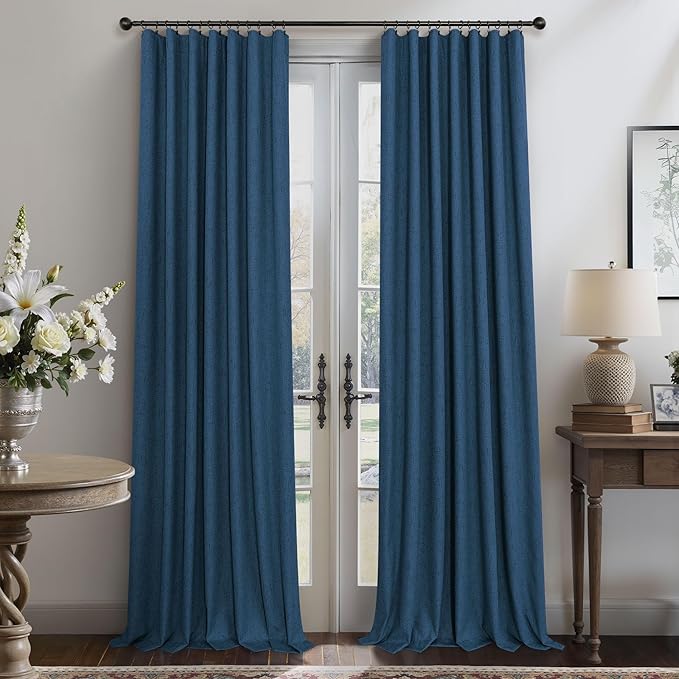 Navy Blue Curtains 108 Inches Long 2 Panel Faux Linen Nautical Modern Farmhouse Blackout Curtain for Bedroom Dining Living Room Divider Drapes Sun Heat Light Blocking Ceiling to Floor Length Dark Blue