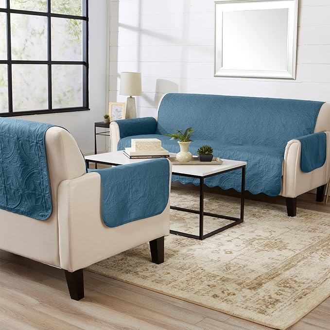 Great Bay Home Reversible Chair Cover - Washable Slipcover Furniture Protector with Elastic Straps - Perfect for Kids & Pets - Quilted & Stitched Detail (Smoke Blue/Ivory)