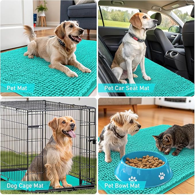 OLANLY Dog Door Mat for Muddy Paws 50x30, Absorbs Moisture and Dirt, Absorbent Non-Slip Washable Doormat, Quick Dry Chenille Mud Mat for Dogs, Entry Indoor Entryway Carpet for Inside Floor, Teal