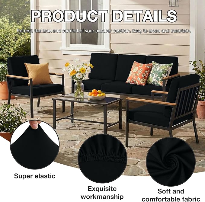 hyha 12Pcs Patio Cushion Covers, Stretch Outdoor Couch Cushion Covers Replacement, Washable Outdoor Chair/Sofa Slipcovers for Patio Furniture Cushions Protector with Elastic Bottom(Black,Cover Only)