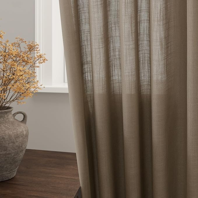Dark Taupe Linen Curtains 96 Inches Long for Living Room Rod Back Tab Vintage Rustic Farmhouse Light Filtering Curtain Burlap Textured Linen Drapes 96 Inch Length for Dinning Room Bedroom 52x96 8FT