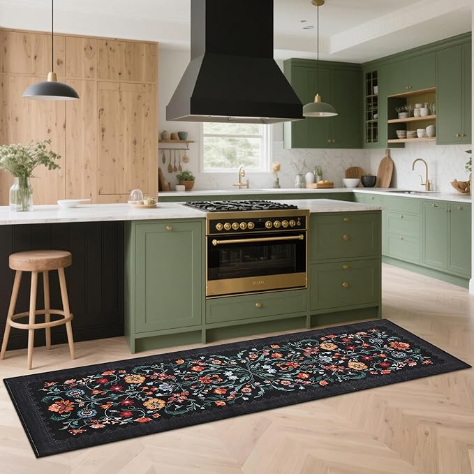 GarveeHome Floral Rug 2.5x8 Runners for Hallways, Boho Kitchen Runner Rugs Non Slip Bath Runners, Vintage Washable Runner Rug for Bedroom, Soft Long Rugs for Entryway Bathroom Laundry Dorm, Black