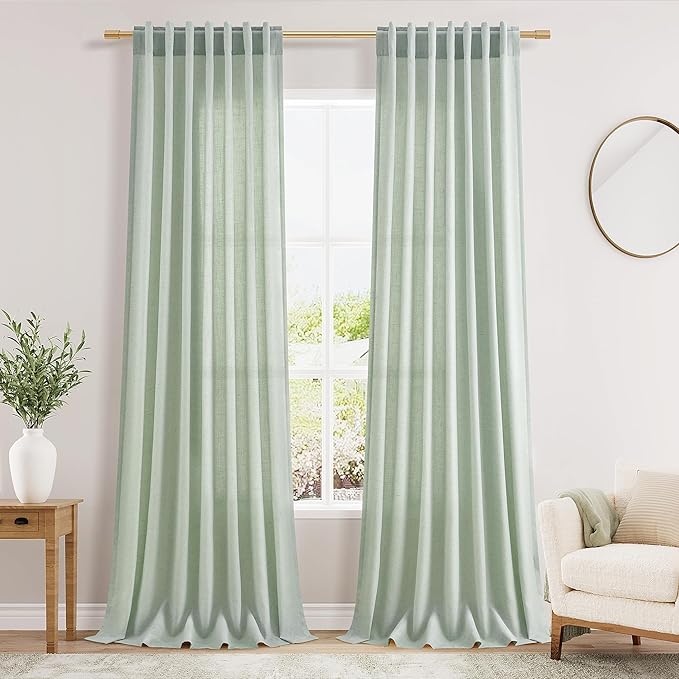 Nanspring Aqua Green Linen Curtains 108 Inches Long for Living Room Bedroom 2 Panels Set Extra Long Back Tab Curtain Light Filtering Sheer Drapes Floor to Ceiling Curtain for Large Windows 52x108