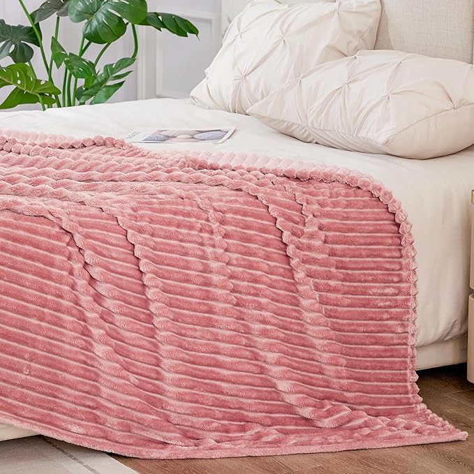 BEDELITE Fleece Blanket King Size – 3D Ribbed Jacquard Soft and Warm Decorative Fuzzy Blankets – Cozy, Fluffy, Plush Lightweight Throw Blankets for Couch, Bed, Sofa(Pink, 108x90 inches)