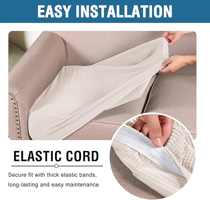 H.VERSAILTEX Super Stretch Couch Cushion Covers Sofa Cushion Slipcovers Jacquard Fabric Individual Seat Couch Slipcover Sets for Pets with Elastic Bottom(3 Packs Cushion Sofa Covers, Ivory)