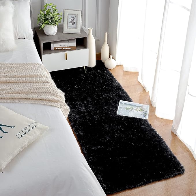 Chicrug Soft 2x10 Runner Rug for Bedroom Living Room Plush Fluffy Rug, Shag Furry Hallway Runner Carpet Rug Non Shedding for Nursery Children Kids Girls Room Home Decorative, Black