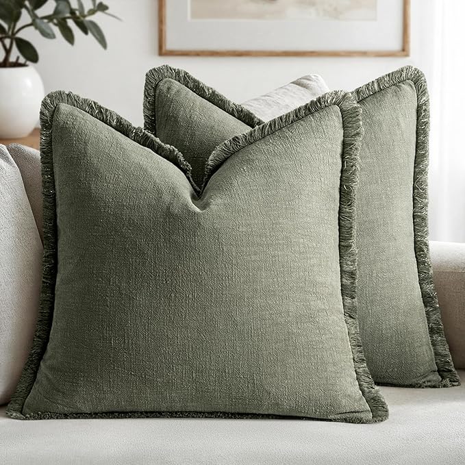 MIULEE Decorative Throw Pillow Covers Neutral Linen Fringe Throw Pillows Euro Shams Set of 2 Light Olive Green Boho Farmhouse Cushions for Couch Sofa Bed Living Room Spring Home Decor 24x24 Inch