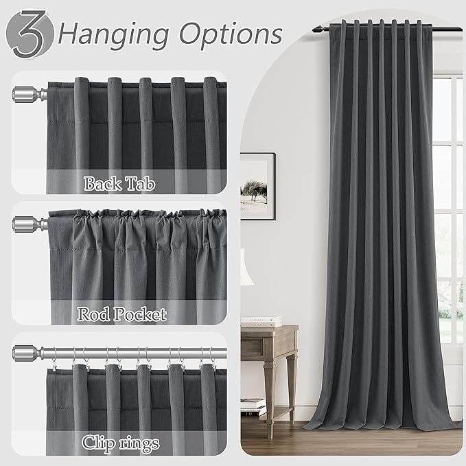 Guken 100% Blackout Curtains 96 Inch Length 2 Panels Set for Living Room Bedroom Back Tab Thermal Insulated Black Out Linen Drapes Room Darkening Blazer Grey,52x96