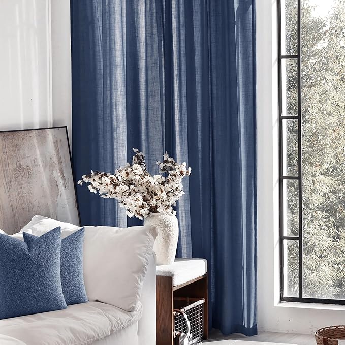 Navy Blue Curtains 90 inch Length for Bedroom, Living Room, Dining Room, 52" W x 90" L, Back Tab, Light Filtering, Semi Sheer, Linen Cotton Textured, Modern Farmhouse Aesthetic, Dark Blue