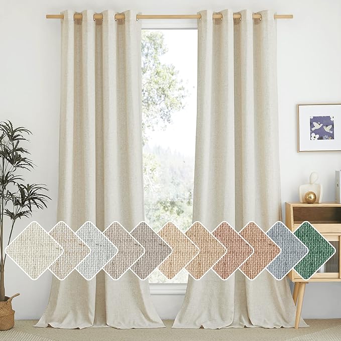 NICETOWN Flax Linen Semi Sheer Curtains 96 inches Long, Grommet Vertical Drapes Privacy Added with Light Filtering Window Treatments for Bedroom/Living Room, Natural, W55 x L96