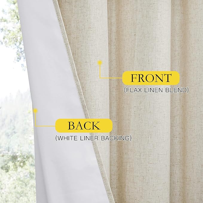 NICETOWN Natural Thick Linen Blend 100% Blackout Curtains 60" Long 2 Panels Set for Bedroom, 34" Wide, Rustic Grommet Thermal Insulated Flax Textured Full Blackout Window Draperies with White Liners