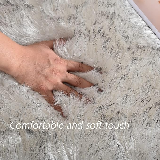 Latepis Large Circle Area Rugs for Living Room Round Rug 8ft Fluffy Bedroom White with Grey Tips Shaggy Rug Washable Shag Faux Fur Fuzzy Rug for Living Room