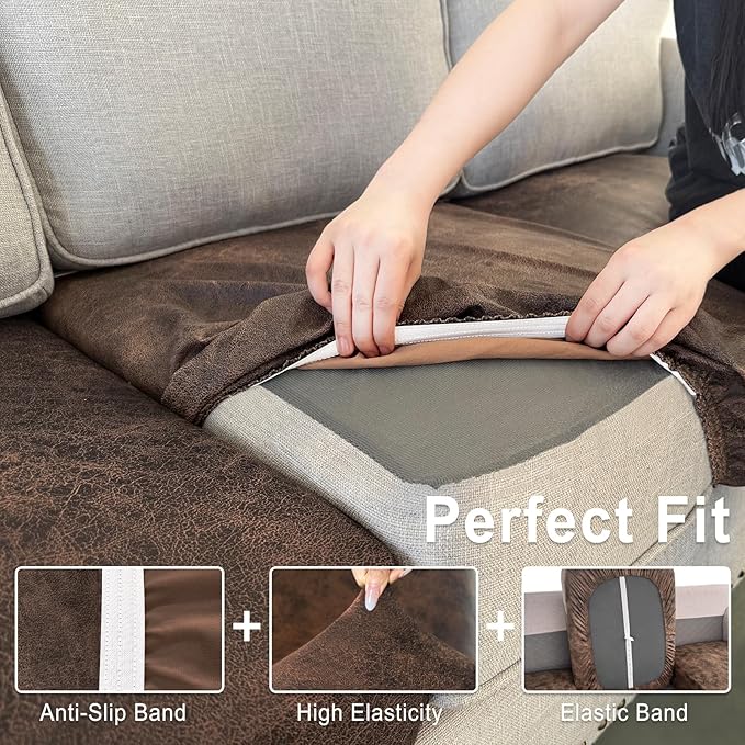 Leather Look Couch Cushion Covers Sofa Seat Slipcovers Sets Couches Furniture Protector for Sectional Armchair Loveseat Pets Kids Stretch Spandex Fabric (1 Cushion XL Sofa, Dark Brown)