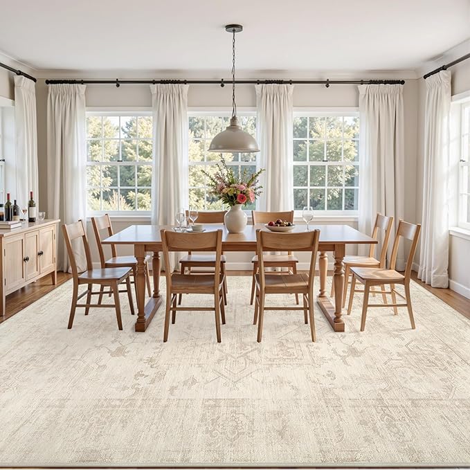 Area Rugs 9x12 Living Room: Vintage Boho Neutral Washable Rug Indoor Soft Large Area Rug Carpet for Bedroom Nursery Farmhouse Dining Room Office Floor Non-Slip Low Pile Under Table Rug Beige/Brown