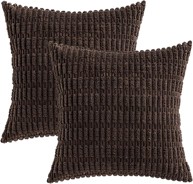 MIULEE Pack of 2 Corduroy Decorative Throw Pillow Covers 18x18 Inch Soft Boho Striped Pillow Covers Modern Farmhouse Home Decor for Sofa Living Room Couch Bed Dark Brown