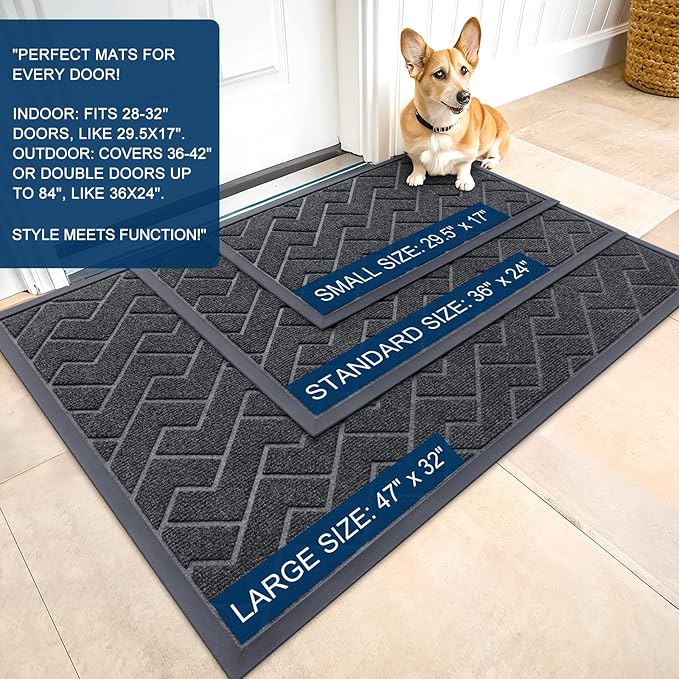 OLANLY Front Door Mat Indoor Outdoor Entrance, Waterproof All-Season, All-Weather Doormat, Sturdy Natural Rubber, Low Profile, Easy Clean Patio Porch Entryway Mat, Herringbone Brick (Grey, 71x47)