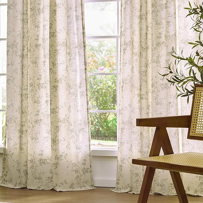 Lazzzy Green Floral Linen Curtains 90 Inch Farmhouse Back Tab Drapes for Living Room Bedroom Light Filtering Vintage Grandmillennial Rod Pocket Curtains, 2 Panels, W38 x L90, Green on Beige
