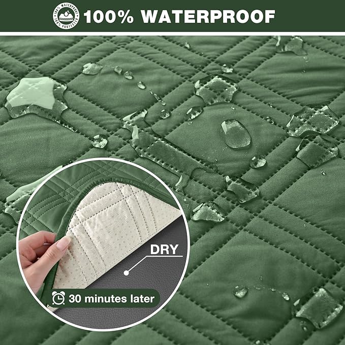 TAOCOCO 100% Waterproof Recliner Sofa Cover, Non Slip Split Couch Covers for Reclining Couches with Straps, Washable Reclining Sofa Cover Furniture Protector for Kids Pets(3 Seater, Vine Green)