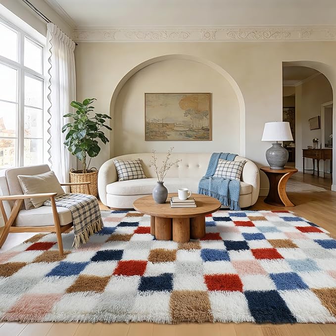 Large Shag Area Rug for Bedroom Living Room,8x10 Fluffy Soft Colorful Checkered Rug Fuzzy Shaggy Bedroom Carpet,Indoor Plush Floor Rugs for Kids Boys Girls Teen Dorm Nursery Home Decor