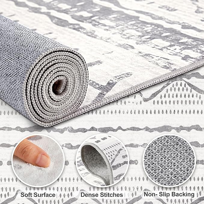 Nakagishi 5x7 Area Rug Living Room: Machine Washable Boho Large Neutral Farmhouse Stain Resistant Indoor Floor Rugs Moroccan Carpet for Bedroom Nursery Dorm Classroom Playroom Dining Room- Grey White