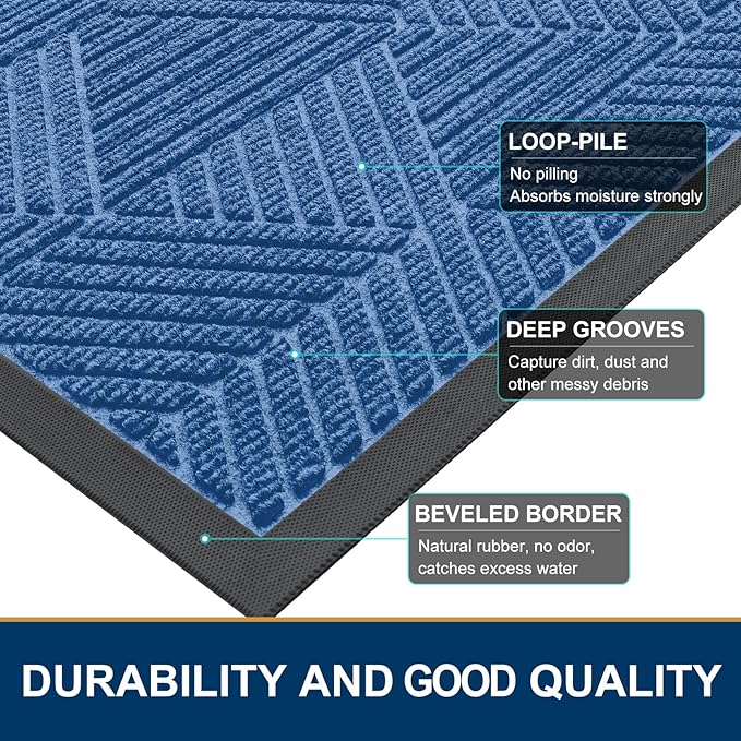 Smiry Half Circle Front Door Mat Outside Entrance, Heavy Duty Sturdy Natural Rubber Doormat, Trap Dirt and Moisture, Low Profile Mats for Indoor Outdoor Entry, Irregular Triangle (29.5x17, Blue)