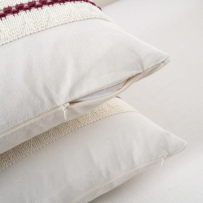 Fancy Homi Set of 1 Burgundy Boho Decorative Throw Pillow Covers 18x18 Inch for Couch Bed Sofa, Aesthetic Modern Farmhouse Christmas Room Decor, Soft Cotton Cute Textured Wind Red Cushion Case