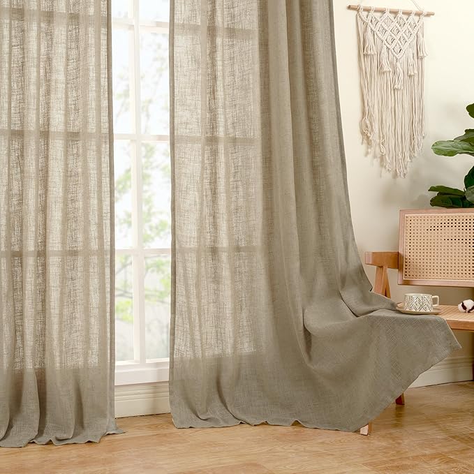 LAMIT 36 Inch Length Linen Curtains for Small Windows, Semi Sheer Light Filtering Panels Back Tab and Rod Pocket Country Decor Drapes for Basement/Kitchen, Taupe, 2 Panels, 34 x 36 Inch