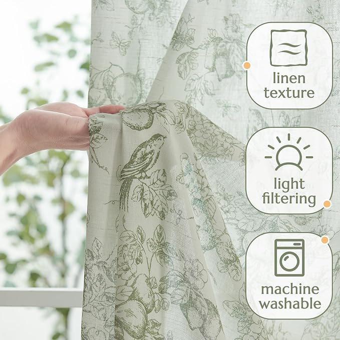 jinchan Linen Floral Curtains for Living Room 84 Inch Long Sage Green Printed Flower French Country Curtain Farmhouse Cottage Core Toile Curtains Back Tab Light Filtering Window Drapes Set 2 Panels