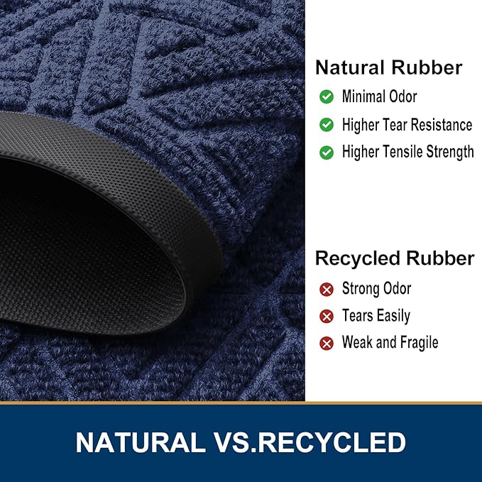 Smiry Front Door Mat Outside Entrance, Heavy Duty Sturdy Natural Rubber Doormat, Trap Dirt and Moisture, Easy Clean Low Profile Mats for Indoor Outdoor Entry, Grid Geometric (71x23, Navy Blue)