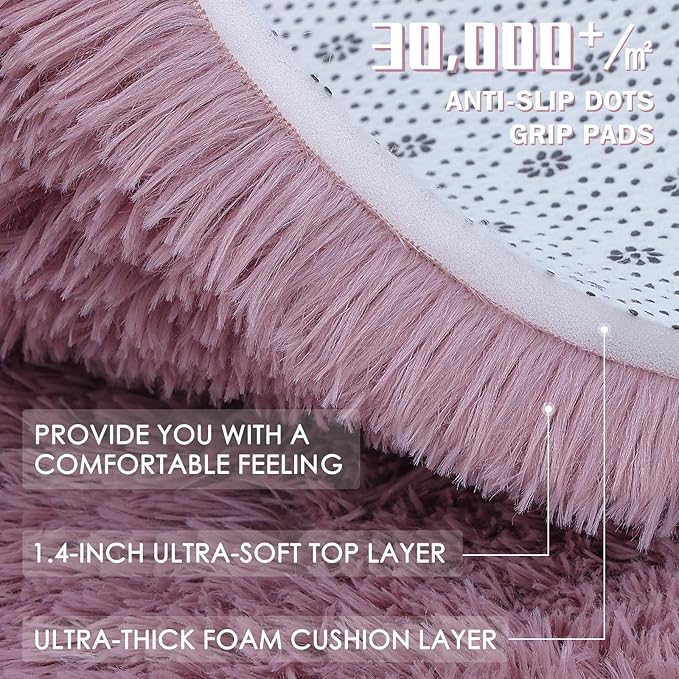 OLANLY Blush Round Rugs for Bedroom - Machine Washable, 2 ft Circle Area Rugs for Living Room, Soft and Fluffy Shaggy Carpet for Teen Girls and Boys, Nursery Rooms, Dorms, Home Decor Aesthetic