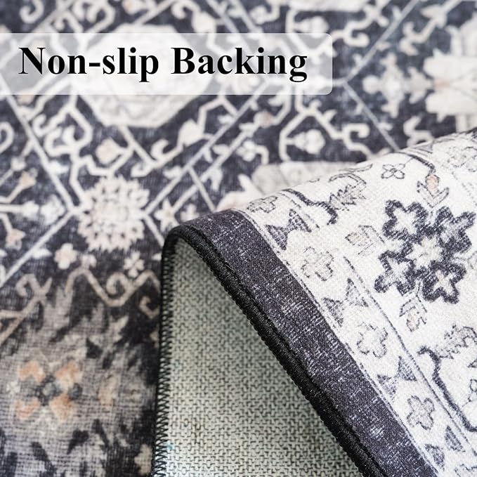Vintage 10x14 Washable Area Rug: Large Living Room Rugs Indoor Soft Stain Resistant Carpet with Non-Slip Backing for Bedroom Dining Room Farmhouse Low Pile Floor Mat for King Size Bed (10x14 Black)