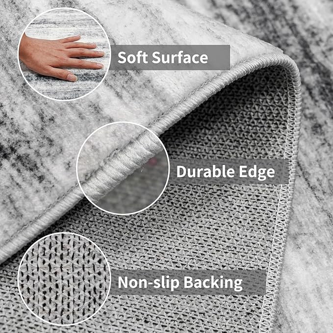 6x12 Runner Rug for Wide Hallway: Long Washable Area Rugs for Living Room Dining Room Office - Stain and Water Resistant Runners with Non-Slip Backing - Soft Low-Pile Thin Carpet Grey
