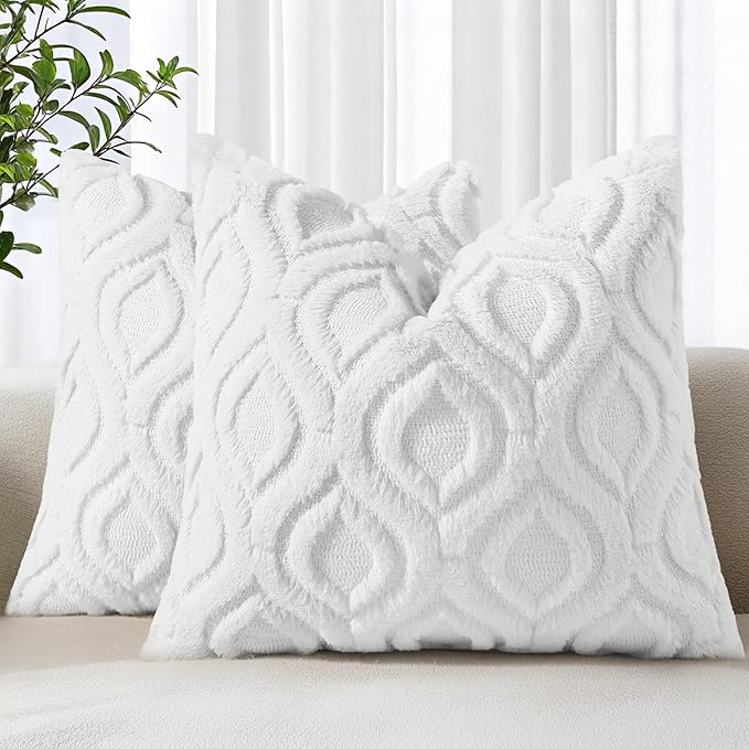 decorUhome Throw Pillow Covers 18x18 Inch Set of 2, Soft Plush Faux Wool White Solid Couch Pillow Covers, Accent Farmhouse Neutral Square Pillow Cases for Sofa Bed Living Room