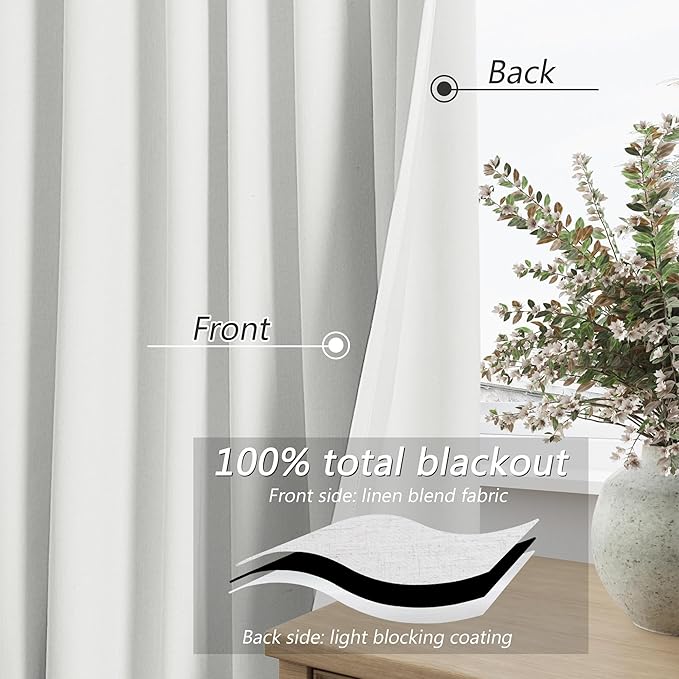 Guken White 100% Blackout Curtains 105 Inch Length 2 Panels Set for Living Room Bedroom Back Tab Thermal Insulated Black Out Drapes Room Darkening Window Curtains 52x105