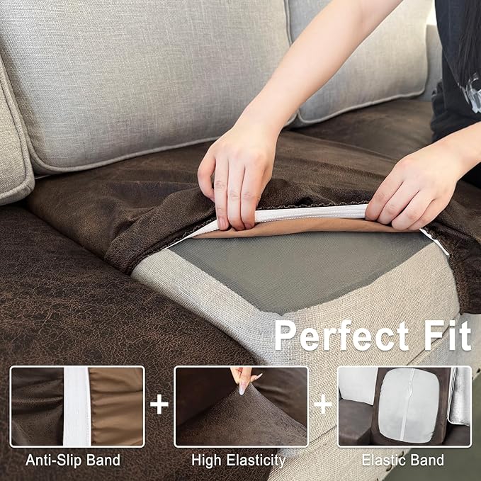 Leather Look Couch Cushion Covers Sofa Seat Slipcovers Sets Couches Furniture Protector for Sectional Armchair Loveseat Pets Kids Stretch (1 Cushion XL Sofa, Brown)