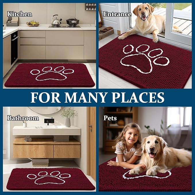 OLANLY Dog Door Mat for Muddy Paws 70x46, Paw Print Design, Absorbs Moisture and Dirt, Absorbent Non-Slip Washable Doormat, Quick Dry Chenille Mud Mat for Dogs, Entry Indoor Entryway Carpet, Burgundy